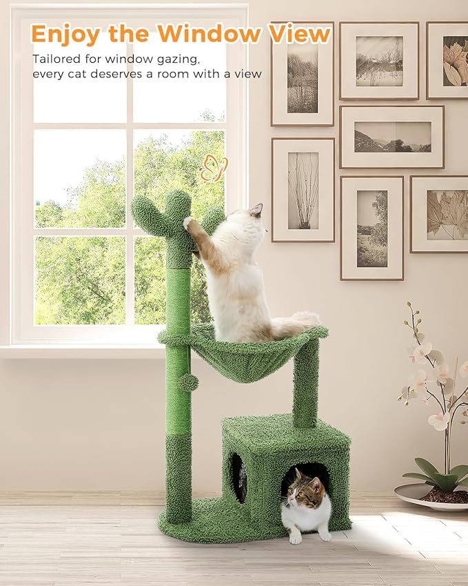 Cactus Cat Tree 40" Cat Tower with Large Metal Carpet Hammock, Cat Scratching Post for Indoor Cats with Condo & Replaceable Toy Ball, Green-PawvioPets