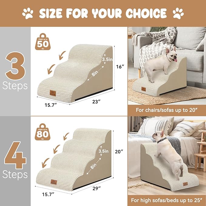 Dog Ramp and Stair for Bed 16" H-20 H,3-Step Cat Stair for Sofa and Chair,4-Step Dog Ramp for High Bed and Window,Durable Nonslip Fabric Cover for Indoor (Beige-20 H, Pet Friendly, 4)-PawvioPets