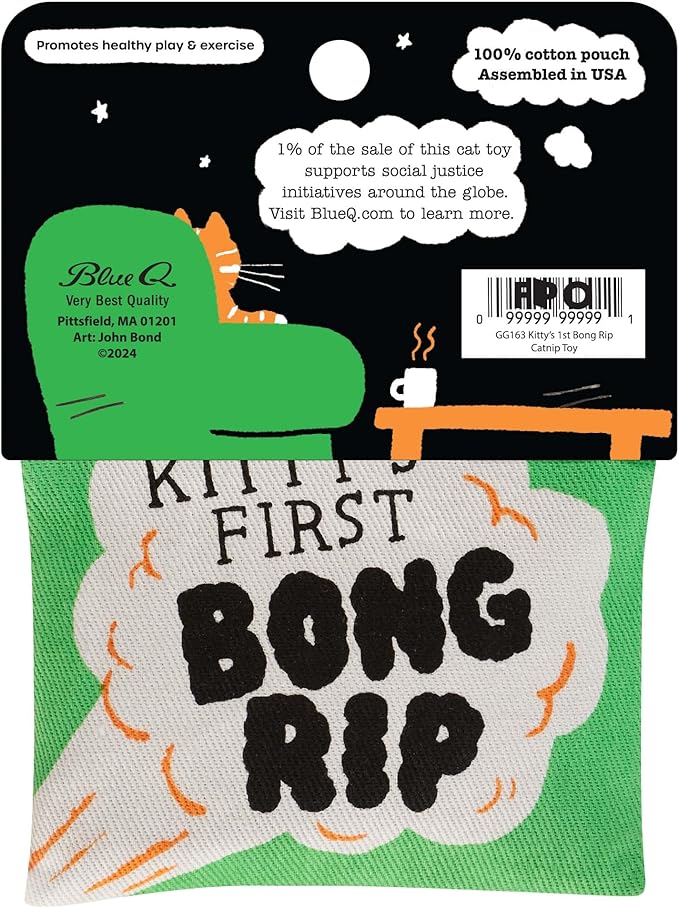 Blue Q Kitty's First Bong Rip Catnip Cat Toy. Premium Organic Catnip Grown in The USA, 100% Cotton Pouches, Kitty Graphics Sure to Delight Every Cat-Keeper.-PawvioPets