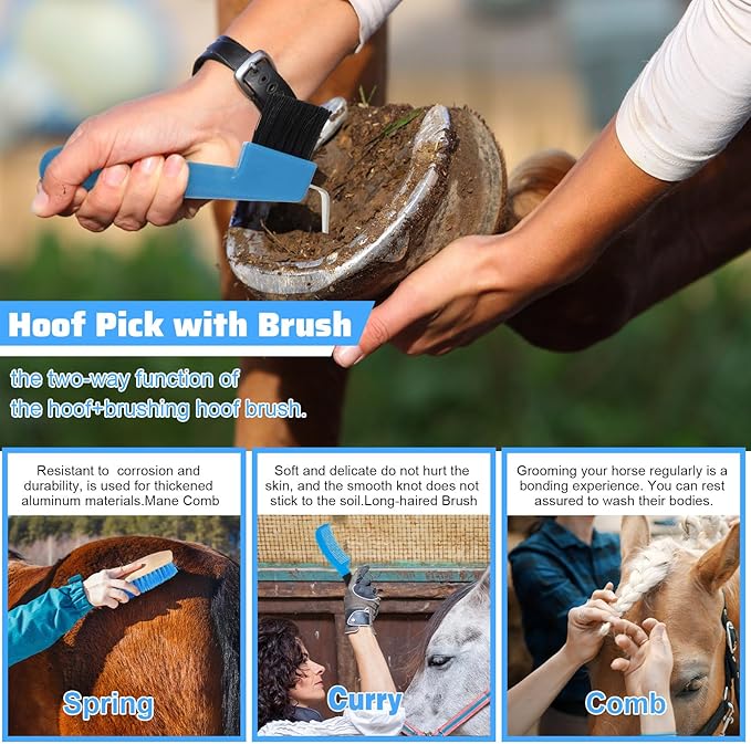 Abbylike 12 Pieces Horse Grooming Kit Racing Festival Tack Room Supplies Horse Brush Sets Equine Care Cleaning Kit Shedding Grooming Massaging Tools(Blue)-PawvioPets