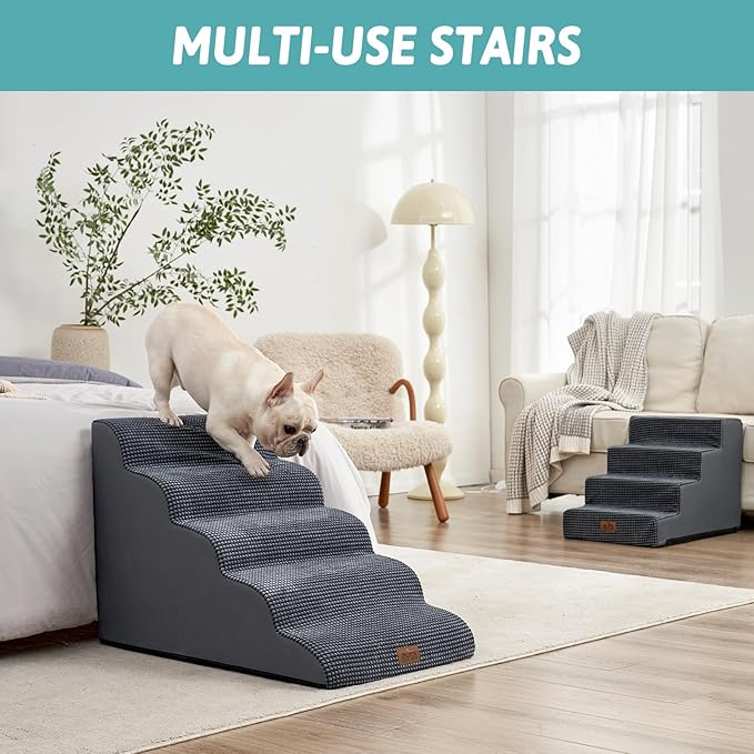 Extra Wide Dog Stairs 19.7" Width, Large Pet Step for Small Medium Dog, Puppy or Cat, Ramp for High Bed or Car, High Density Foam Ladder, Stable, 5 Step, 19.7x33x22.4 in, Dark Grey-PawvioPets