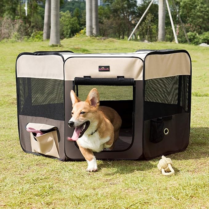 Aivituvin Dog Playpen, Foldable Pet Play Pens with Carrying Bag for Cat, Puppies, Rabbits, Portable Dog Tent Crates Cage for Travel Camping Indoor Outdoor, Removable Shade Cover, Brown M-PawvioPets