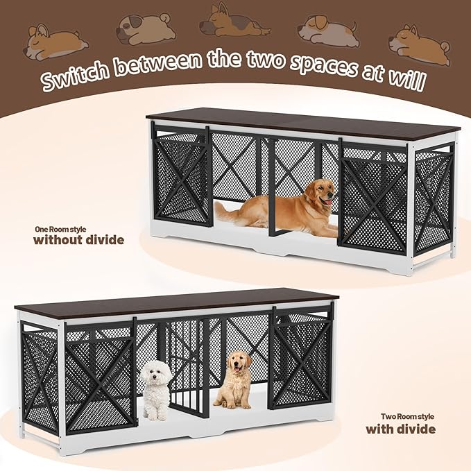 COZPAW 78 Inch Double Dog Crate Furniture, Extra Large Dog Kennel Indoor for Medium Large 2 Dogs, Heavy Duty Dog Cage Chew-Resistant Steel and Wooden Pet House with Removable Divider (White Brown)-PawvioPets
