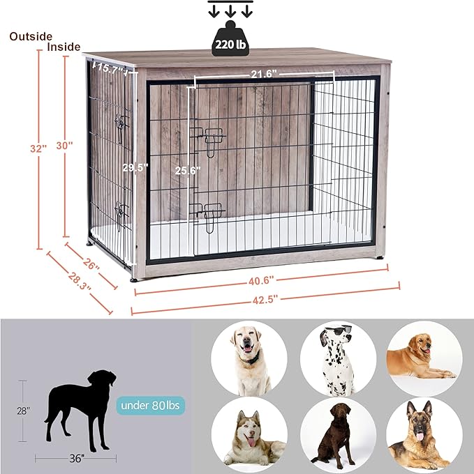 DWANTON Dog Crate Furniture with Cushion, Wooden Kennel Table with Double Doors, Indoor Dog House, Extra Large Size, 43.3" L, Greige-PawvioPets