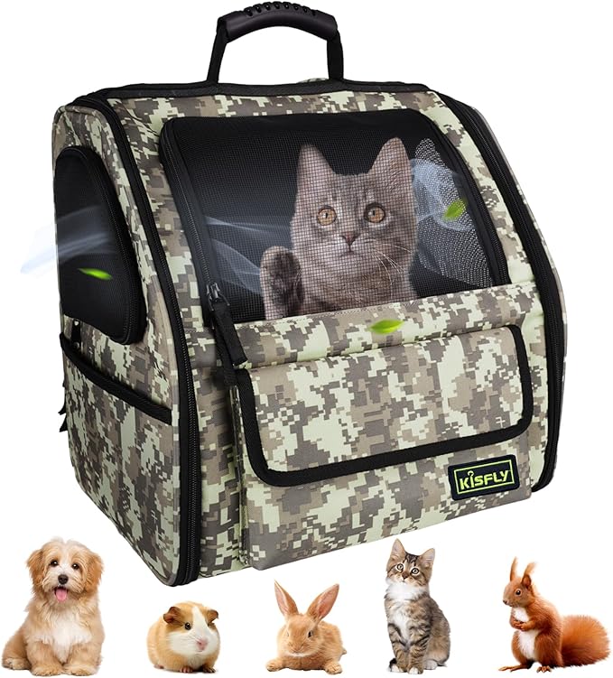 Collapsible Cat Backpack Carrier, Dog Backpack Carrier for Small Dogs Cats Up to 12 Lbs, Three-Sided Breathable Pet Backpack with Soft Padded, Designed for Outdoor and Travel Use, Camo-PawvioPets