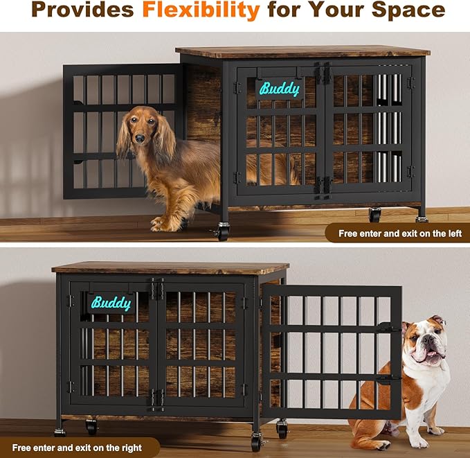 EasyCom 33"/27" Dog Crate Furniture with Name Tag, Heavy Duty Dog Kennel Indoor for Medium and Small Dogs, Double-Doors Sturdy Metal Dog Cage, Decorate House as TV Stand, End Table, Bedside Table-PawvioPets