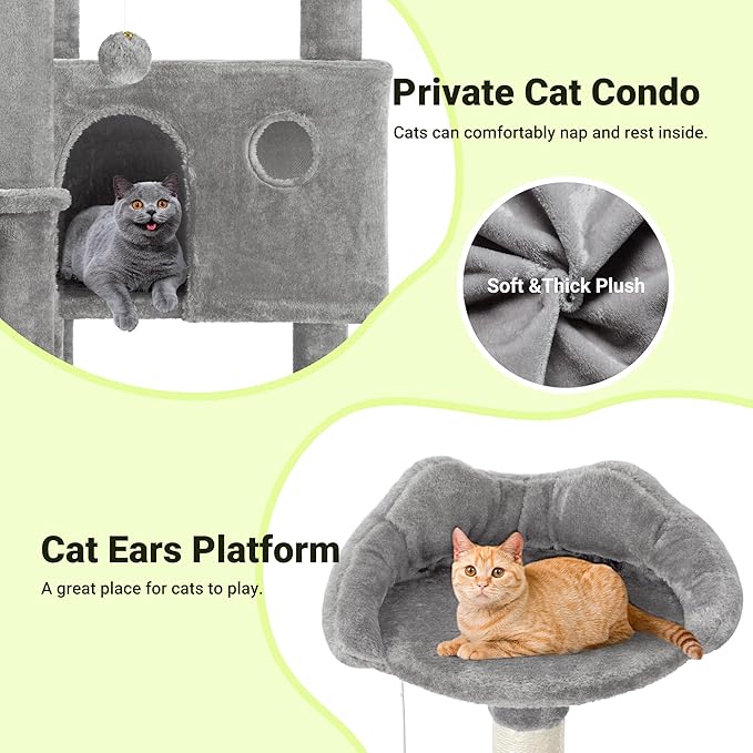 Allewie 64 Inches Cat Tree Tower/Multi-Level Activity Center for Indoor Big Felines/2 Plush Condos/2 Perchs/Basket/House/Sisal Scratching Posts/Hanging Cat Toys/Grey-PawvioPets