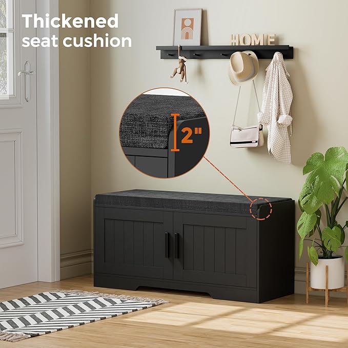 2-Tier Storage Bench, Shoe Bench with Thickened Padded Seat Cushion, Entryway Bench with 2 Doors, Adjustable Shelf, 13.8" D x 37.4" W x 18.5" H, for Entryway, Living Room, Bedroom, Black-PawvioPets