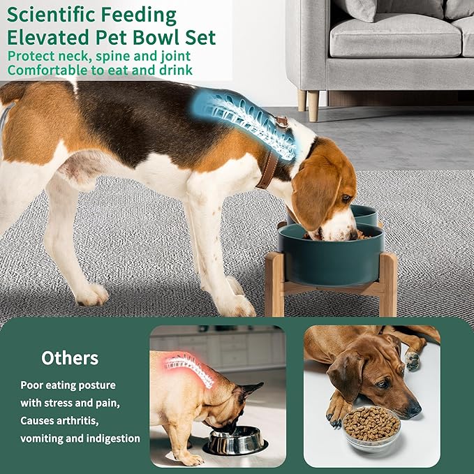 Elevated Ceramic Dog Bowl Set - Raised Dog Bowls with Non-Slip Bamboo Stand - Dog Food and Water Bowl Set - Double Dog Feeding Bowls - Suitable for Small and Medium Dogs - 28.74 OZ - 3.6 CUPS - 850 ML-PawvioPets