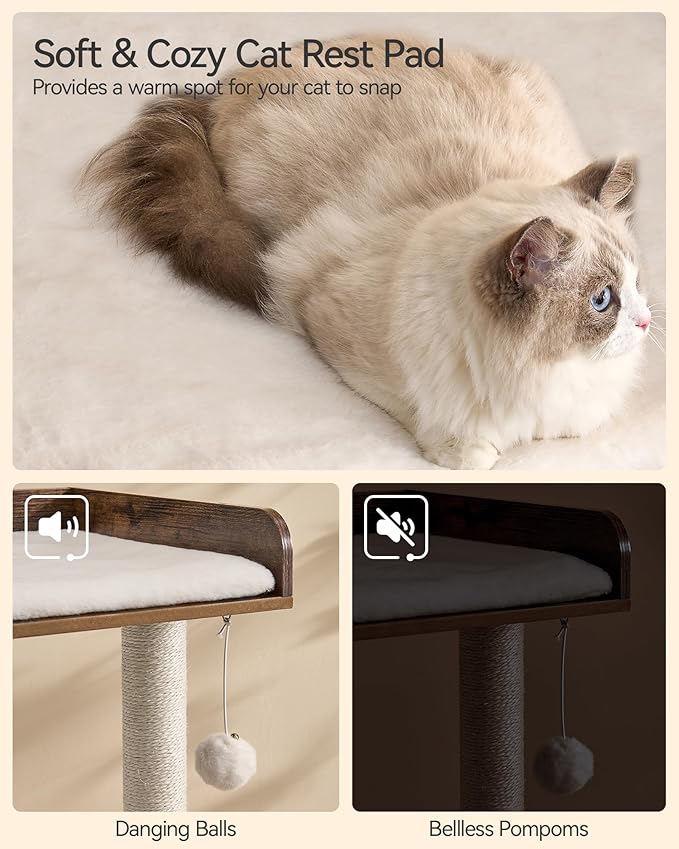 FourFurPets 43.7" Cat Tree, Modern Cat Tree Tower, Cat Tower for Indoor Cats Large Adult, Cat Condo with Scratching Post, Large Perch and Removable Pads,Rustic Brown-PawvioPets