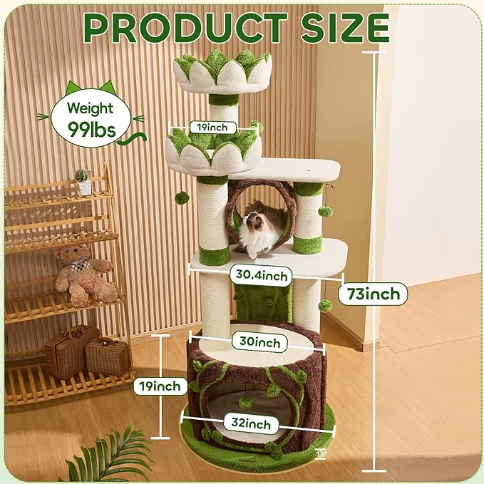 73‘’ Tall Flower Cat Tree for Indoor Cats Large Adult, Luxury Cat Tower with Scratching Post, Heavy Duty Modern Cat Furniture for Large Cats, Removable Mats, Multi-Level Cat House with Toy Ball-PawvioPets