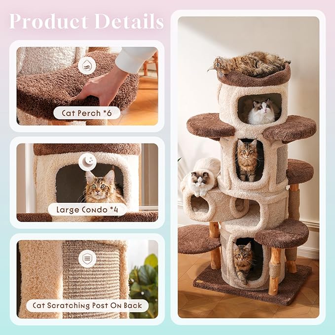 70" Heavy Duty Cat Tree for Large Cats with Toys, All-in-One Cat Tower with Cat Perch, Tall Cat Tower with Scratching Post, Brown Modern Cat House-PawvioPets