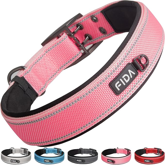 Fida Heavy Duty Dog Collar 1.5” Width, Ultra Soft Neoprene Padded, Adjustable Reflective Nylon Pet Collar with Two Metal Pin Belt Buckle for Large/X-Large Breeds (XL, Pink)-PawvioPets
