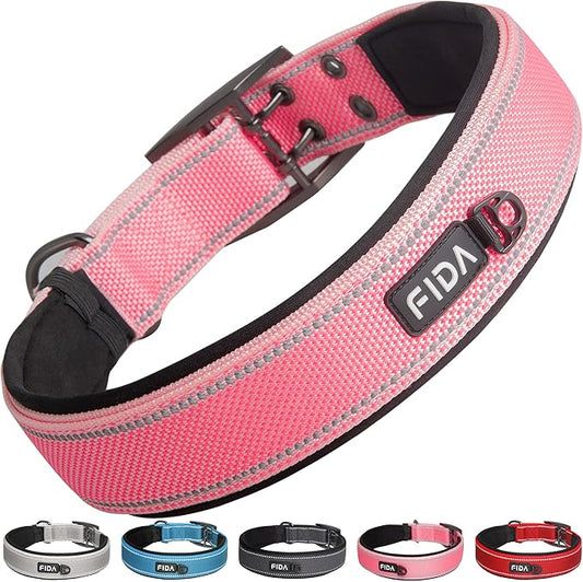 Fida Heavy Duty Dog Collar 1.5” Width, Ultra Soft Neoprene Padded, Adjustable Reflective Nylon Pet Collar with Two Metal Pin Belt Buckle for Large/X-Large Breeds (XL, Pink)-PawvioPets