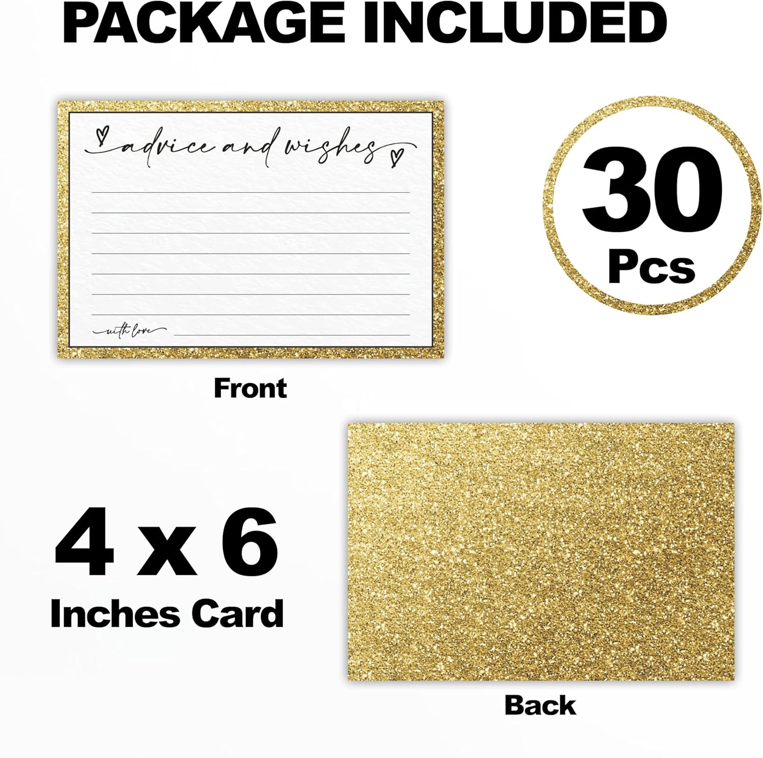 30 Advice & Wishes Cards - Shiny Gold - Double Sided Fill-In Advice Cards For Bridal, Wedding, Graduate Party, Mr & Mrs, Retirement, Baby Shower, Party Favor & Supplies - A01