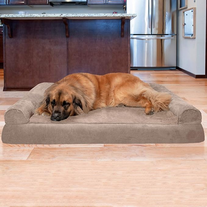 Furhaven Orthopedic Dog Bed for Large Dogs w/ Removable Bolsters & Washable Cover, For Dogs Up to 125 lbs - Plush & Suede Sofa - Almondine, Jumbo Plus/XXL-PawvioPets