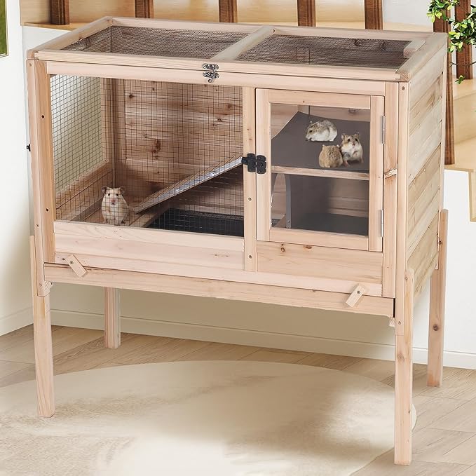 AIVITUVIN Wooden Guinea Pig Cage Indoor with Cooling Plate and Anti-Chewing Edges Two-Story Rabbit Hutch Pull Out Tray Outdoor Rabbit Cage with Raised Stand and Wire Mesh Small Animals Cage (Nature-PawvioPets