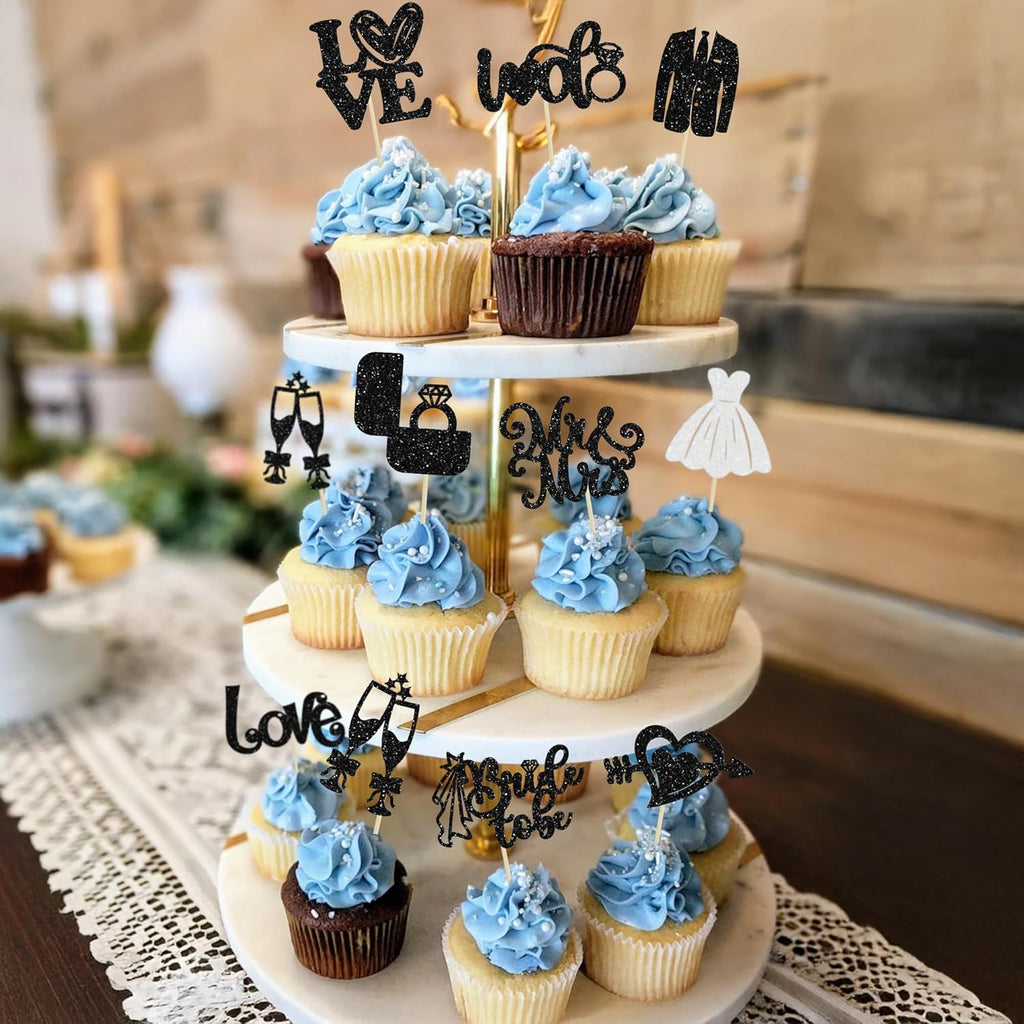 Ephlyn 30Pcs Bride to be Cupcake Toppers Glitter Wedding Cake Topper Decorations I Do Love Heart Ring Cupcake Picks for Bridal Shower Wedding Engagement Party Supplies Black