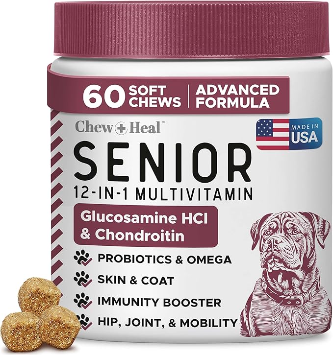 12-in-1 Multivitamin for Senior Dogs - 60 Senior Dog Vitamin and Supplement Soft Chews for Hip and Joint - Advanced Formula with Glucosamine, Omega 3,6,9, Vitamins, Probiotics - Made in The USA-PawvioPets