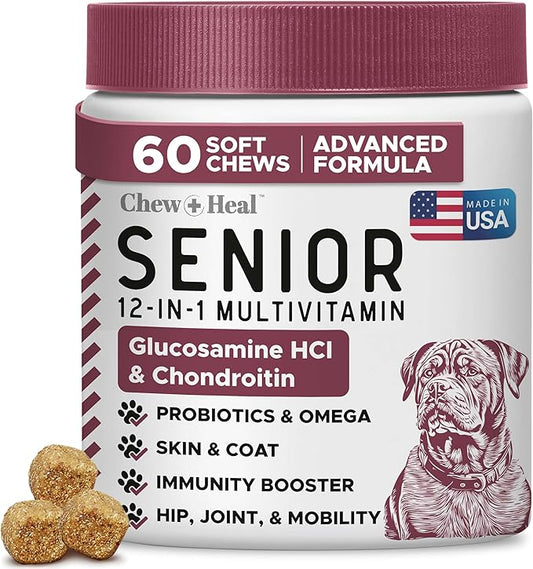 12-in-1 Multivitamin for Senior Dogs - 60 Senior Dog Vitamin and Supplement Soft Chews for Hip and Joint - Advanced Formula with Glucosamine, Omega 3,6,9, Vitamins, Probiotics - Made in The USA-PawvioPets