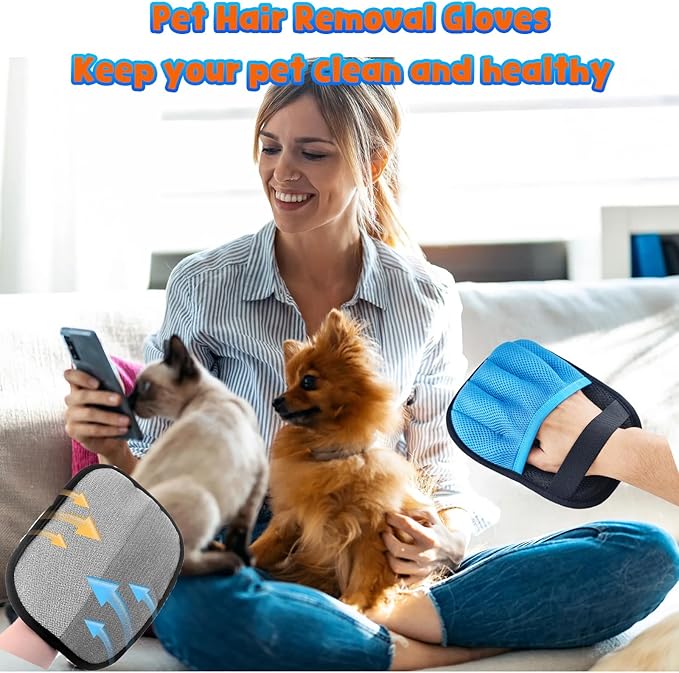 Blue Pet Hair Removal Gloves for Dogs,Pet Hair Collector Keychain,Five-Finger Cat Grooming Gloves ,Reusable Electrostatic Pet Hair Removal Tool for Furniture,Car,Couch,Carpet,Essential Pet Supplies-PawvioPets