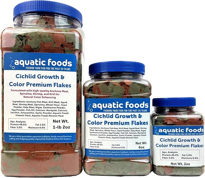 Aquatic Foods Inc. Premium Cichlid Growth and Color Enhancing Flakes with Spirulina, Color Enhancing Astaxanthin Also Pellet Mix, Wafer Mix Included…2oz-PawvioPets