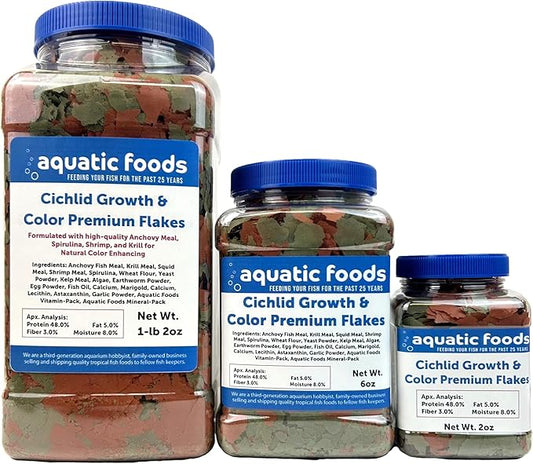 Aquatic Foods Inc. Premium Cichlid Growth and Color Enhancing Flakes with Spirulina, Color Enhancing Astaxanthin Also Pellet Mix, Wafer Mix Included…6oz-PawvioPets