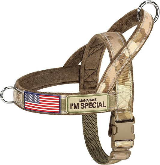 Forestpaw No Pull Dog Harness - Soft Flannel Padded Tactical Dog Vest Harness with Quick Release Buckle, Adjustable Reflective Pet Harness for Large Dogs Walking Training,Brown Camouflage XL-PawvioPets