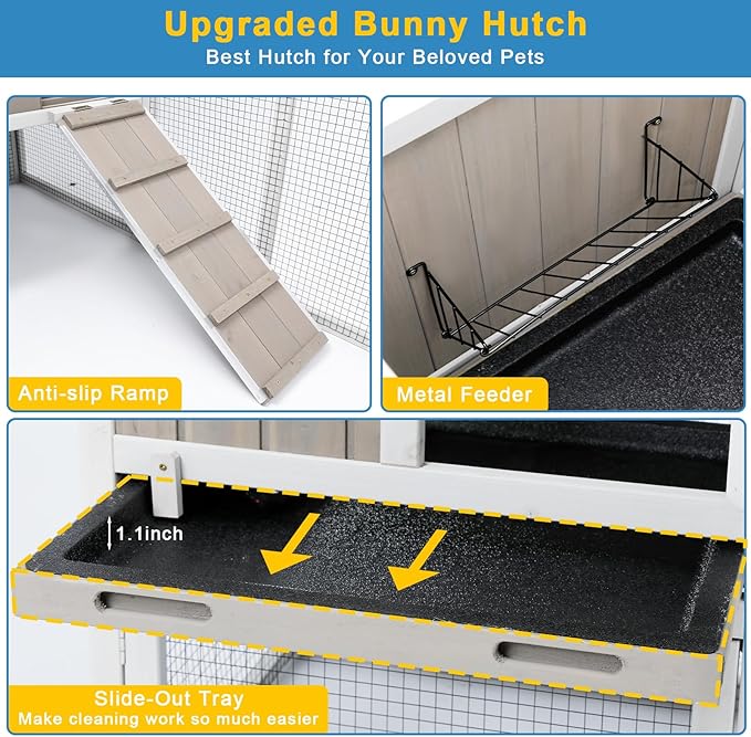 48" L Rabbit Hutch Outdoor Indoor Bunny Hutch Weatherproof, 2-Story Wood Rabbit Cage with Deep Tray, Chew-Resistant Ramp, UV Roof, Bunny House for Small Animal, Expandable Guinea Pig Cage-PawvioPets