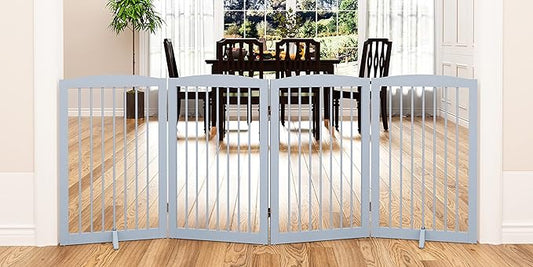 Freestanding Wooden Pet Gate - Foldable Indoor Dog Gate, 80 Inch Wide, 4 Panels, Grey-PawvioPets