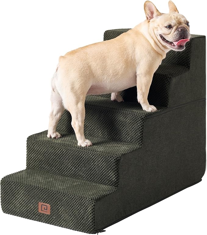 EHEYCIGA Dog Stairs for High Bed 22.5" H, 5-Step Dog Steps for Bed, Pet Steps for Small Dogs and Cats, Non-Slip Balanced Pet Ramp Indoor, Olive Green-PawvioPets