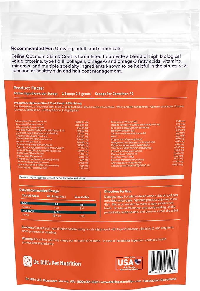 Dr. Bill’s Feline Optimum Skin & Coat – Fish Oil Omega-3 Fatty Acids for Cats Healthy Fur | Reduce Shedding and Hairballs with Biotin, Type I & III Marine Collagen, Hyaluronic Acid, & Folic Acid-PawvioPets