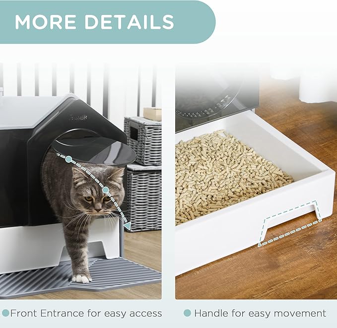 PawHut Hooded Cat Litter Box with Kitty Litter Mat, Kitty Litter Pan with Odor Control, Easy-Clean Pull-Out Drawer, Handle, Scoop, Gray-PawvioPets