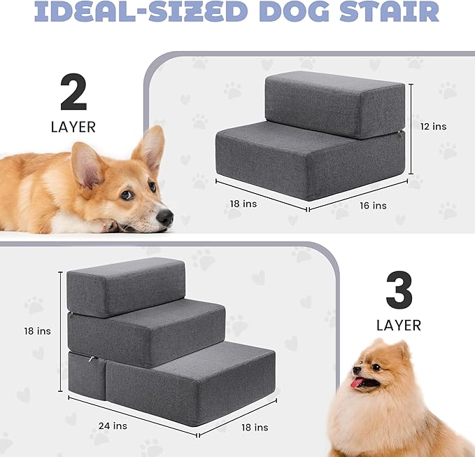 Foldable 18 Inch Wide Dog Stairs for Small Dogs, 12 Inch Height Foam Dog Steps for Bed & Couch, Linen Covered Pet Stairs for Dogs to Get on Bed, Indoor Foam Pet 2 Steps for for Cat and Puppy-PawvioPets