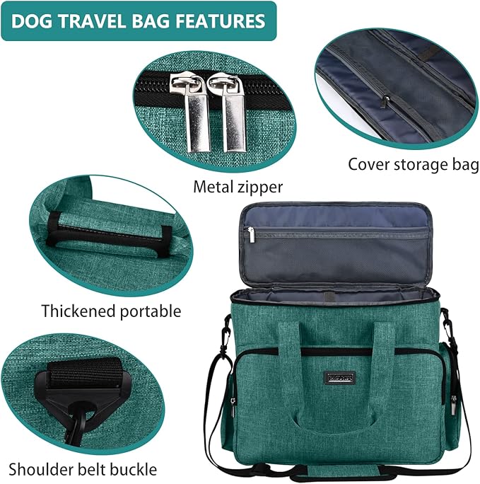 BAGLHER Dog Travel Bag, Airline Approved Pet Tote Organizer with Multi-Function Pockets, 2 X Food Storage Containers and 2 X Collapsible Dog Bowls, Perfect Weekend Pet Travel Set for Dog, Cat Green-PawvioPets