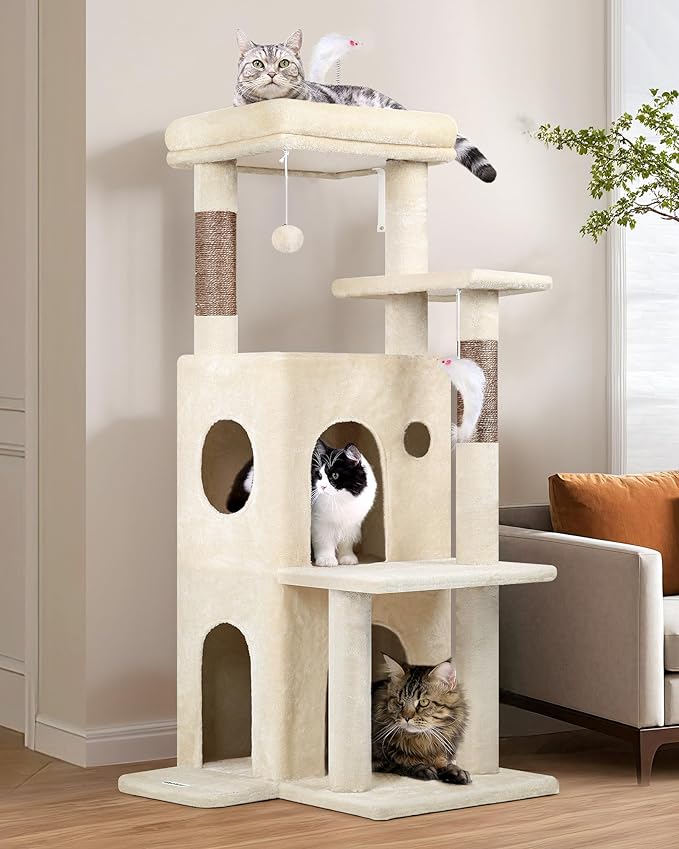 Globlazer Cat Tree Tower for Indoor Cats, 50-inch Adult Cat Tree House for Large Adult Cats with Steps, Scratching Post, 2 Cat Caves, Dangling Toys, FC50, Beige-PawvioPets