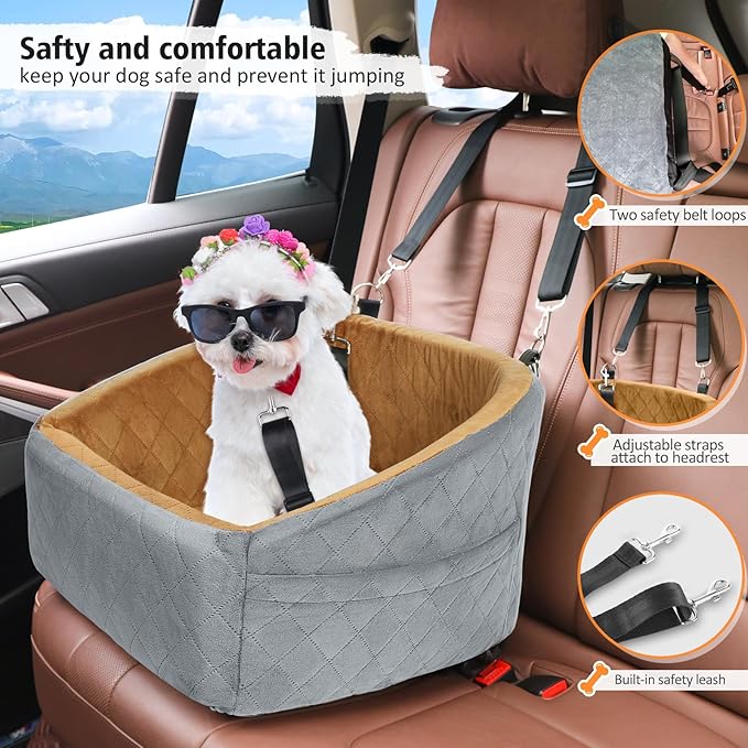 Dog Car Seat for Small Medium Dogs,Detachable Washable Dog Booster Seat Under 30lbs, Pet Car Seat Travel Bed with Storage Pockets and Dog Safety Belt(Grey/Brown)-PawvioPets