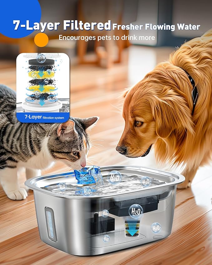 Dog Water Fountain for Large Dogs Stainless Steel, 3Gal Extra Large Dog Water Bowl Dispenser with 2 Filters & Visual Window, Automatic Filtered Pet Fountain Indoor, Quiet Safe Pump with LED Indicator-PawvioPets