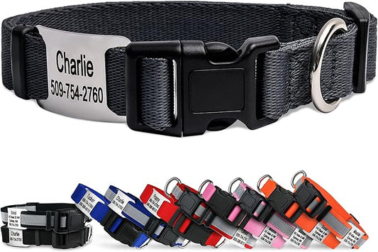 GoTags Personalized Dog Collar with Nameplate, Adjustable Dog Collar with Custom Engraved Slide On Pet ID Tag in Stainless Steel, Silent, No Noise Dog Tag (Charcoal, X-Small)-PawvioPets