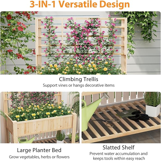 Giantex Raised Garden Bed with Trellis, Wooden Elevated Planter Box with Legs, Drainage Holes for Climbing Plants Vines Vegetables Flowers Herbs, Outdoor Horticulture Planter for Patio Yard-PawvioPets