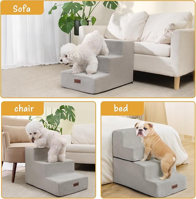 Dog Stairs for Small Dogs & Cats, 3-Step Extra Wide Non-Slip Pet Steps for Couch Sofa and Chair, Light Grey, 15.7" H-PawvioPets