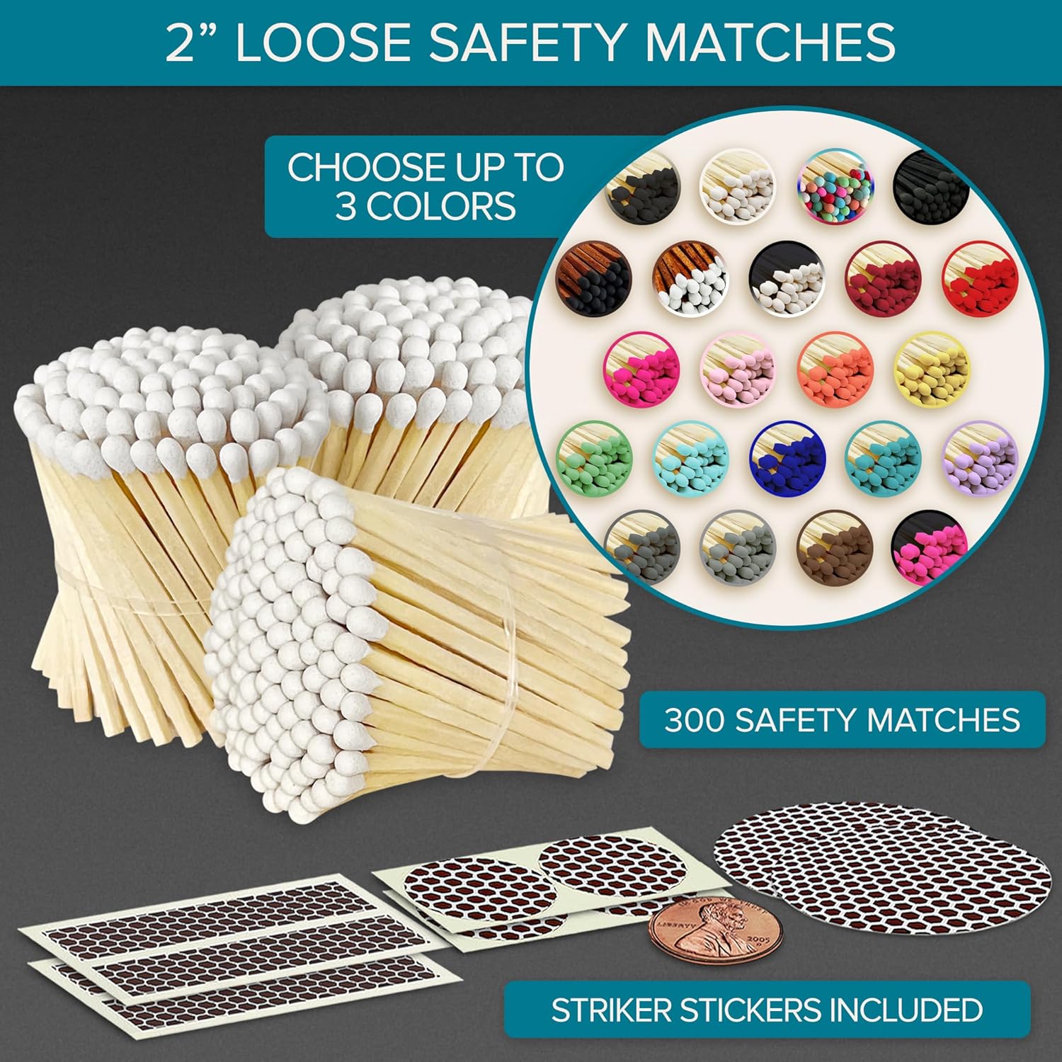 2" Choose Your Colors Safety Matches | Set of 300+ Bulk Artisan Matchsticks with Striker Stickers by Thankful Greetings | Select 3 Colors - 100+ of Each | Custom for Your Home Decor, Gifts, & Events