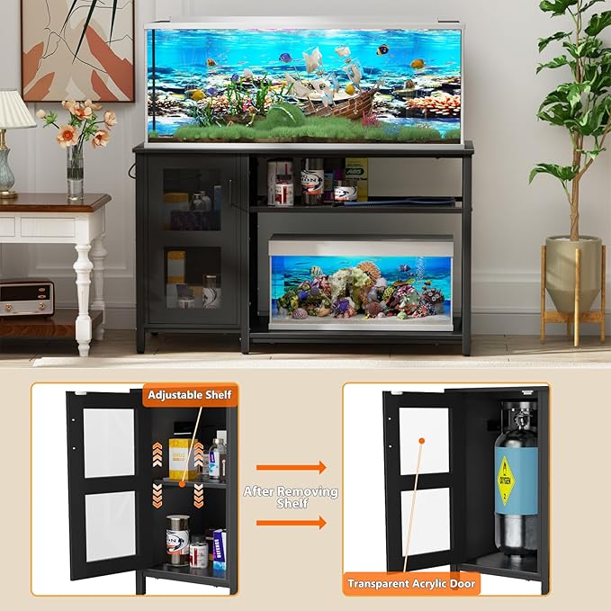 55-75 Gallon Fish Tank Stand , Aquarium Stand with Cabinet & Power Outlets for Fish Tank Accessories Storage, Heavy Duty Metal Terrarium Stand, 52" L*19" W Tabletop, 1200LBS Capacity, Black-PawvioPets
