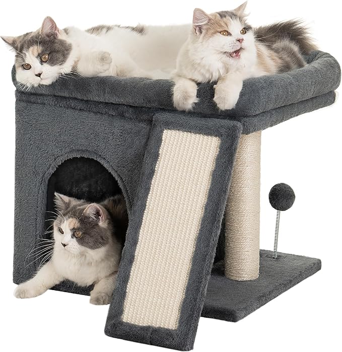 14‘’ Cat Tree Tower with Scratching Post, 20 * 16.5in Perch Bed for Large Adult Cats, Condo Cave for Indoor Small Medium Kittens, Dark Gray-PawvioPets