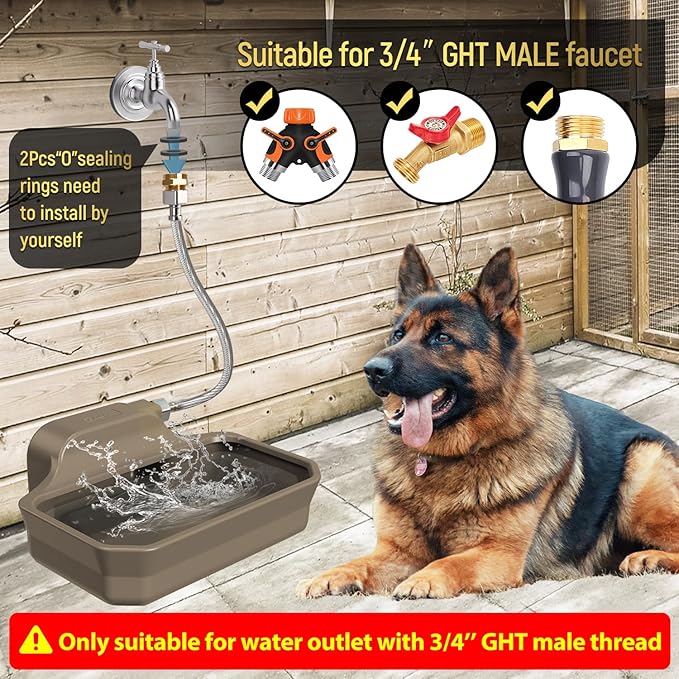 135OZ Automatic Water Dispenser for Dogs Patented Automatic Dog Water Bowl Fit 3/4'' GHT Male Faucet Outdoor Large Dog Water Bowl Include Water Hose Copper Connector Large Drinking Area Brown-PawvioPets