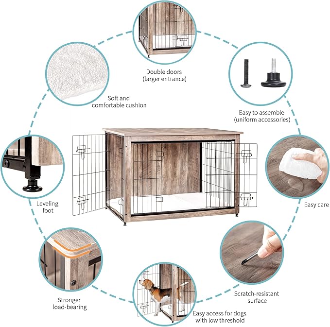 DWANTON Dog Crate Furniture with Cushion, Wooden Kennel Table with Double Doors, Indoor Dog House, Extra Large Size, 43.3" L, Greige-PawvioPets