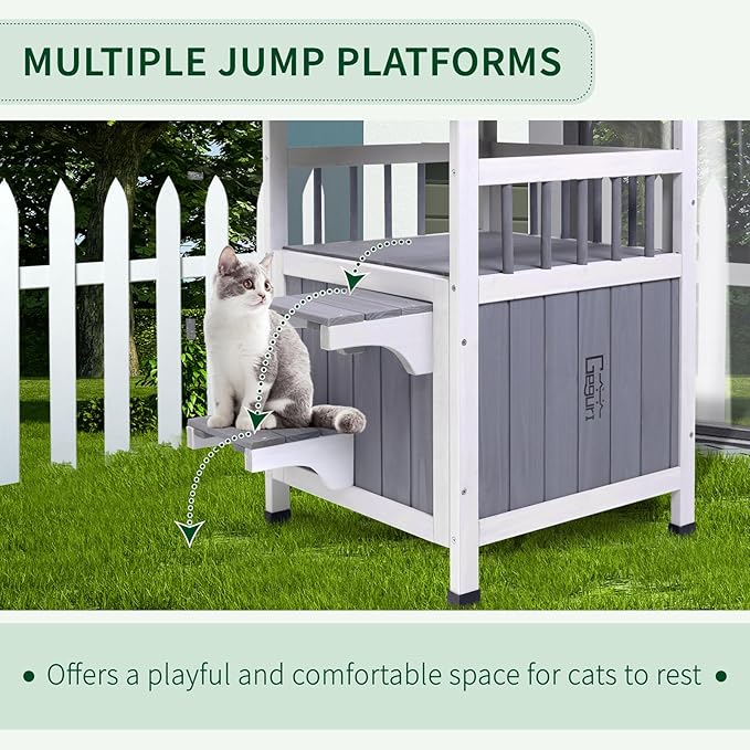 GEGURI Outdoor Cat House Weatherproof, Wooden Two-Story Feral Cat Shelter with, Escape Door, Balcony-PawvioPets