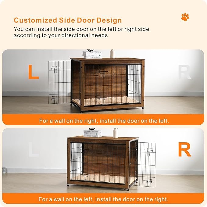 DWANTON Dog Crate Furniture with Cushion, Wooden Kennel Table with Double Doors, Indoor Dog House, Large Size, 38.5" L, Warm Brown-PawvioPets