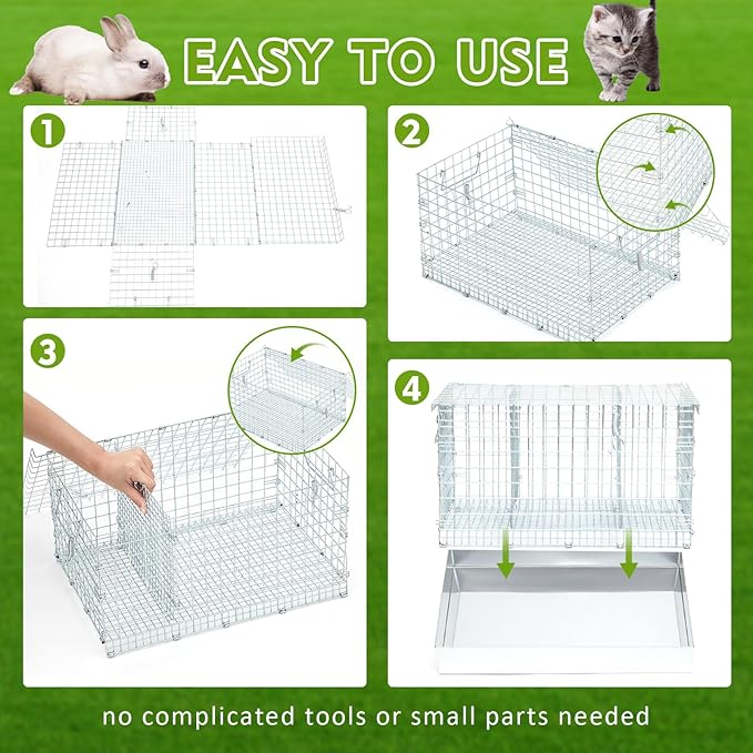 Folding Rabbit Cage, 18 x 12 x 10 in Portable Bunny Carrier with Tray and Handles for Transport, Travel or Temporary Housing, Indoor Outdoor Pet Habitat Animal Enclosure-PawvioPets