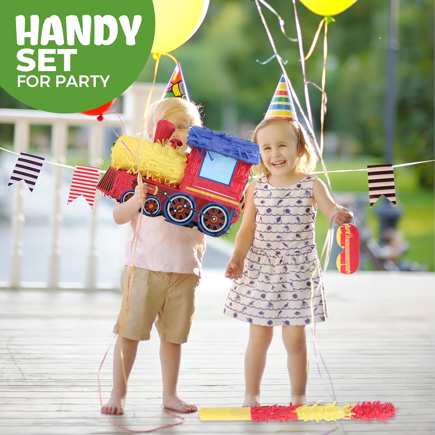 3D Train Pinata Bundle with a Blindfold and Bat (16x10.6x6.7 Inches), Train Pinata for Boys Birthday Party Supplies, Perfect for Birthday Party, Train Theme Party, Decoration